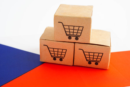 Online shopping, Shopping cart box on Czech flag, import export, finance commerce.の写真素材