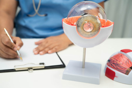 Asian doctor with eye human anatomy model for study diagnosis and treatment in hospital.の写真素材