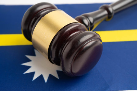 Nauru law, Legal, justice and agreement, wooden court gavel on flag.の写真素材