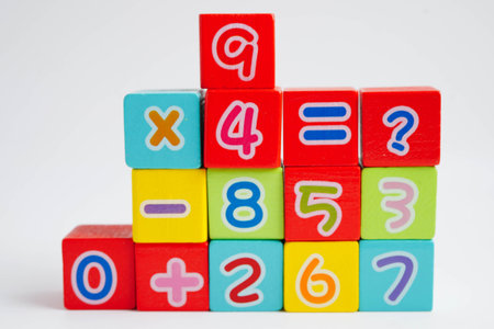 Number wood block cubes for learning Mathematic, education math.の写真素材