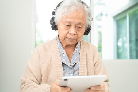 Asian senior woman patient happy to use earphone to listen relax music.の写真素材