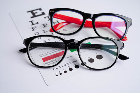 Glasses on eye exam chart to test eyesight accuracy of reading.