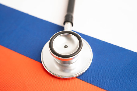 Russia flag with black stethoscope.の写真素材
