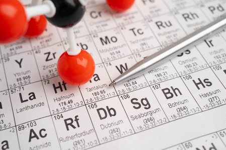 Molecules chemical on a periodic table background.の写真素材
