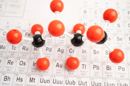 Molecules chemical on a periodic table background.の写真素材
