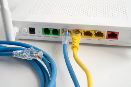Ethernet cable with wireless router connect to internet service provider network.