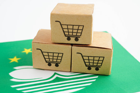 Online shopping, Shopping cart box on flag, import export, finance commerce.の写真素材