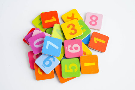Number wood block cubes for learning Mathematic, education math.の写真素材
