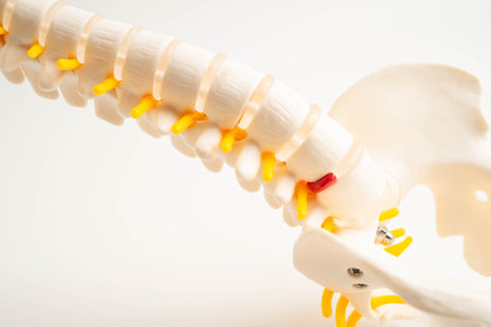 Spinal nerve and bone, Lumbar spine displaced herniated disc fragment, Model for treatment medical in the orthopedic department.の写真素材