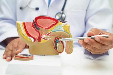Male reproductive system, doctor holding human anatomy model for study diagnosis and treatment in...