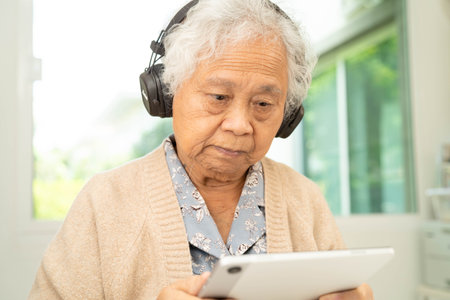 Asian senior woman patient happy to use earphone to listen relax music.の写真素材