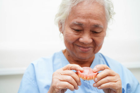 Doctor holding teeth denture in hand for dentist studying about dentistry.の写真素材