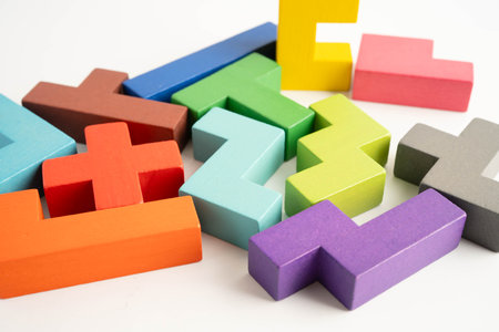 Logical thinking and problem solving creative business, wooden puzzle geometric block shape.の写真素材