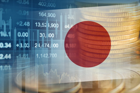 Japan flag with stock market finance, economy trend graph digital technology.の写真素材