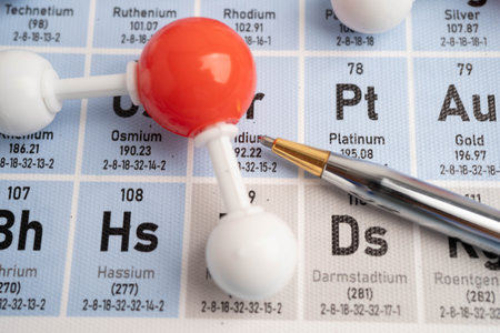 Molecules chemical on a periodic table background.の写真素材