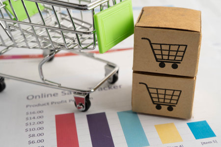 Online shopping, Shopping cart box on business graph, import export, finance commerce.の写真素材