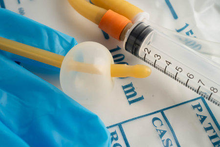 Foley catheter and urine drainage bag collect urine for disability or patient in hospital.の写真素材