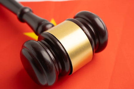 Vietnam law, Legal, justice and agreement, wooden court gavel on flag.の写真素材