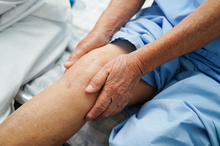 Doctor checking Asian elderly woman patient with scar knee replacement surgery in hospital.の写真素材