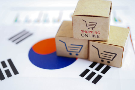 Online shopping, Shopping cart box on South Korea flag, import export, finance commerce.