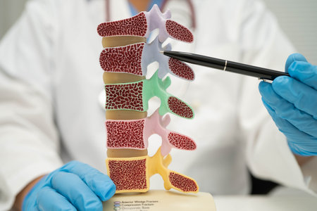 Doctor holding osteoporosis in back bone model for treatment medical in orthopedic department.