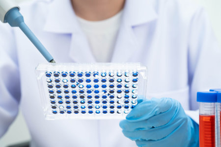 Scientist with cell culture in sample micro plate for research in science laboratory.