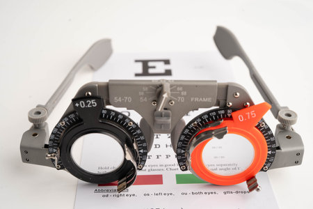 Ophthalmic trial frames to visual acuity eye test.