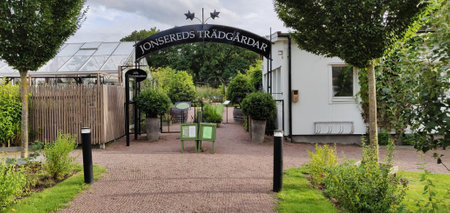Jonsered, Sweden - September 4 2020: Jonsered Tradgard Garden Gate Entranceのeditorial素材