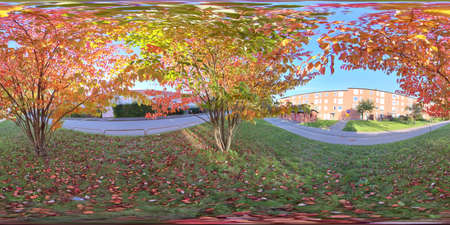 Red Green Fall Trees in Residential Area, Autumn, 360 Photoの写真素材