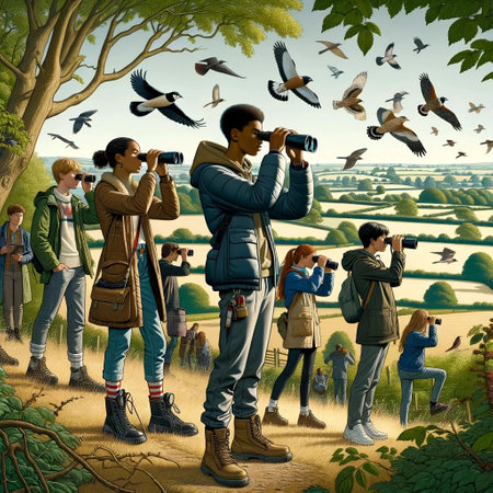 A group of diverse teenagers are looking through binoculars at birds in a fieldの素材