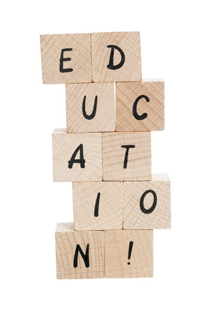 Education spelled out with wooden blocks and exclamation mark.の写真素材