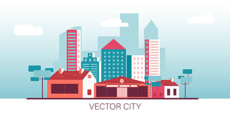 Urban landscape with modern buildings, skyscrapers and suburb with houses, Trees. Simple minimal geometric flat style with blue and red color theme.のイラスト素材
