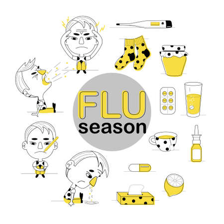 doodle cold and flu season objects in yellow and black colors, line hand drawn socks, tea, thermometer, spray, lemon, honey, pills.のイラスト素材