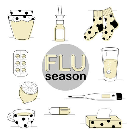 Flat vector icon set of cold and flu season items hot beverage tea mug, lemon fruit, honey jar, cup of water with aspirin pills, thermometer, cough syrup, line drawingのイラスト素材