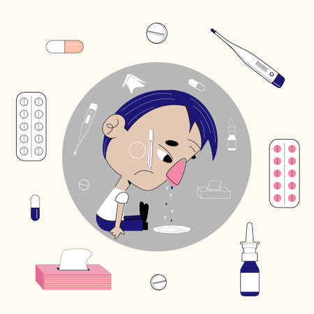Young man with a thermometer in his mouth and runny nose, cartoon style vector illustration. Flu symptoms, cold flu and virus treatment concept.のイラスト素材