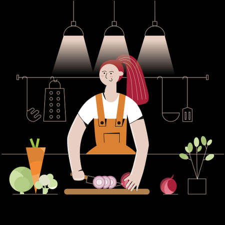 Young woman in the kitchen is cutting vegetables: onions, cabbage, carrots. Kitchen utensils hanging on the black background. Flat vector illustrationのイラスト素材