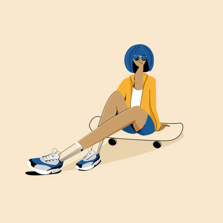 Skateboarder. Fashionable girl with blue hair and sunglasses in sneakers sitting on a skateboard. Flat vector illustrationのイラスト素材
