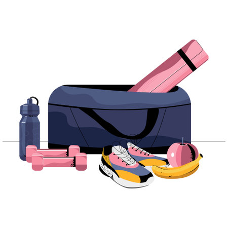 Fitness, sport, diet and healthy lifestyle banner with training equipmentのイラスト素材