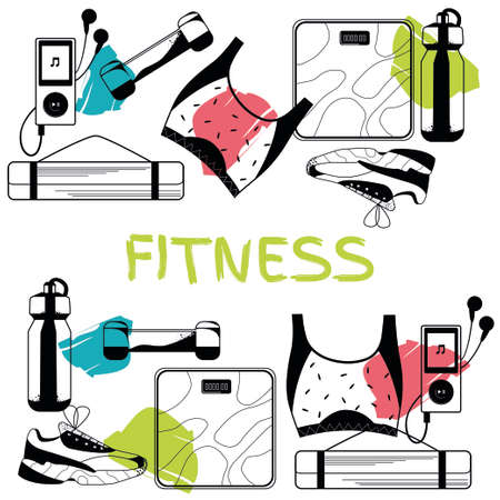Vector flat icons set of fitness tools. Gym bag essentials, top view.のイラスト素材