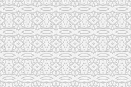 Geometric volumetric convex white background.Ethnic African, Mexican, Indian motives.Doodling style. 3D embossed pattern.のイラスト素材