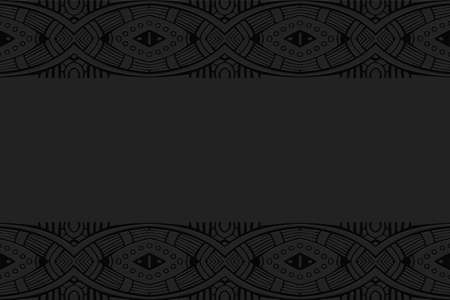 Geometric volumetric convex black background. Ethnic African, Mexican, Indian motives. Doodling style. 3D embossed beautiful stylish pattern. Horizontal inserts.のイラスト素材