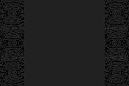 Geometric volumetric convex black background. Ethnic African, Mexican, Indian motives. Doodling style. 3D embossed national traditional pattern. Vertical inserts.のイラスト素材