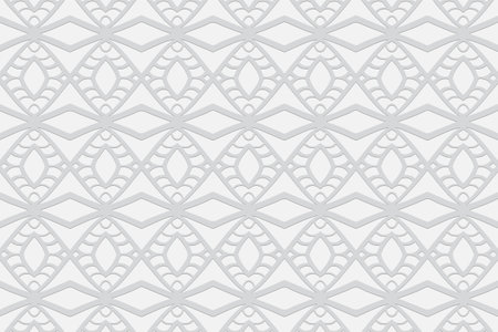 Geometric volumetric convex white background.Ethnic African, Mexican, Indian motives.Doodling style. 3D embossed decorative pattern.のイラスト素材