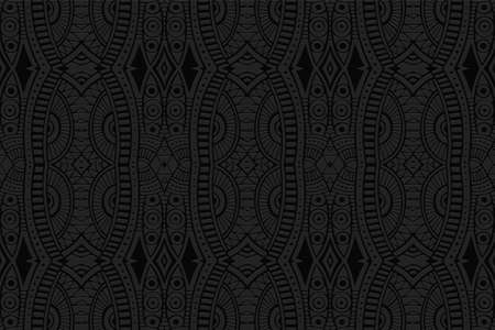 Geometric volumetric convex black background. Ethnic African, Mexican, Indian motives. Doodling style. 3D relief original decorative pattern.のイラスト素材