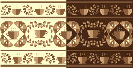Coffee pattern ornament from coffee cup, coffee beans, lemon and leaves on a white and brown background. Vector graphic.のイラスト素材