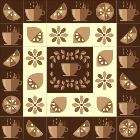 Coffee pattern tile ornament from a coffee cup, flowers, twigs, lemon slices and lemon. Vector graphics.のイラスト素材