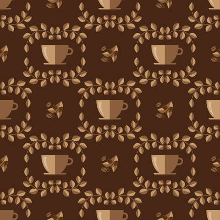 Seamless pattern of twigs, lemon leaves and coffee beans on a brown background .Vector graphic.のイラスト素材