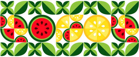 Ornament fruit pattern of slices of lemon and watermelon with leaves on a white background .Vector graphic.のイラスト素材