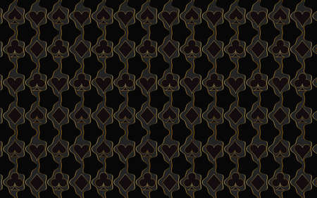Geometric black background with abstract figures with golden lines with a pattern of symbols of the card suit - clubs, tambourines, spades, hearts. Vector graphics for design, wallpaper, borders.のイラスト素材
