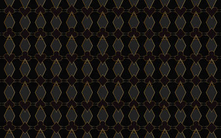 Geometric black background with shapes of polygons with golden lines with a pattern of symbols of the card suit - clubs, diamonds, spades, hearts. Vector graphics for design, wallpaper, business cardsのイラスト素材